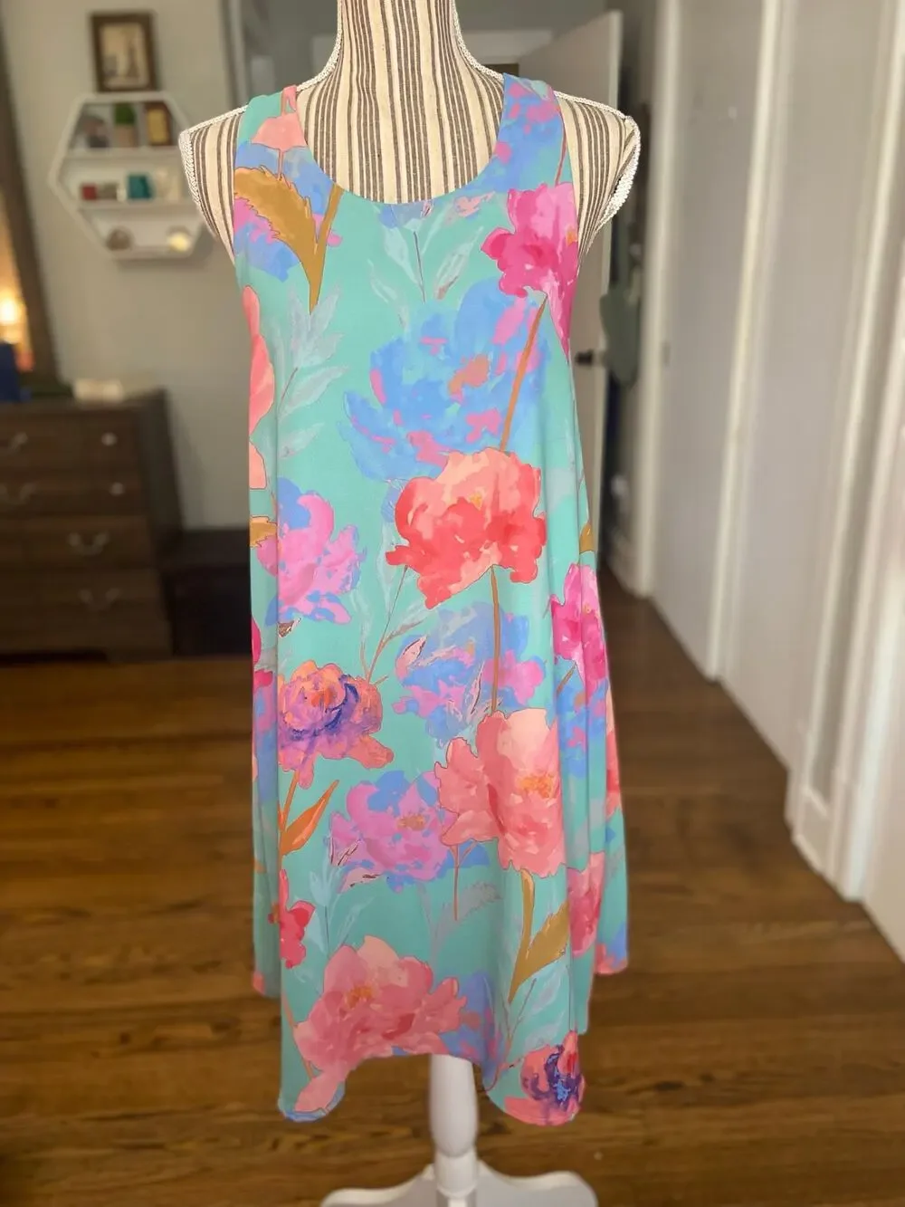 Everly torquoise tropical print sleeveless chiffon overlay dress